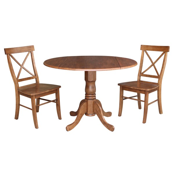 International Concepts Round 42 in Dual Drop Leaf Table, 2 X-Back Chairs, Distressed Oak, 42 in W, 42 in L, 29.5 in H K42-42DP-C613P - main